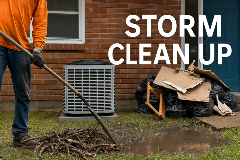 Storm clean up graphic showing air conditioner and debris to be cleaned in yard after storm.
