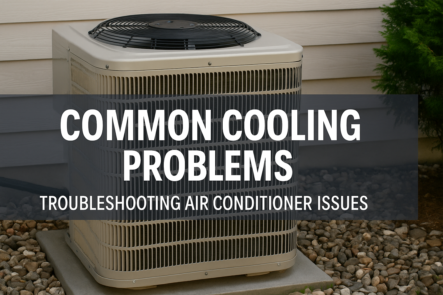 Common cooling problems logo overlay out outside air conditioner unit.