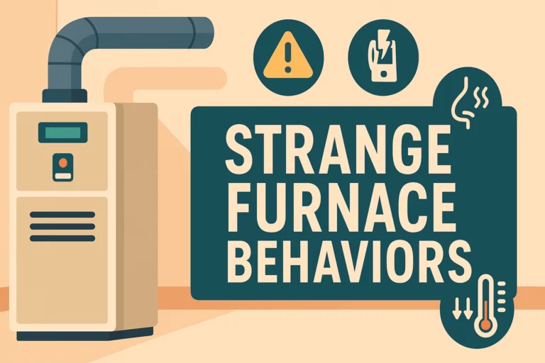 Strange furnace behaviors graphic showing a furnace, thermostat, and a nose smelling.