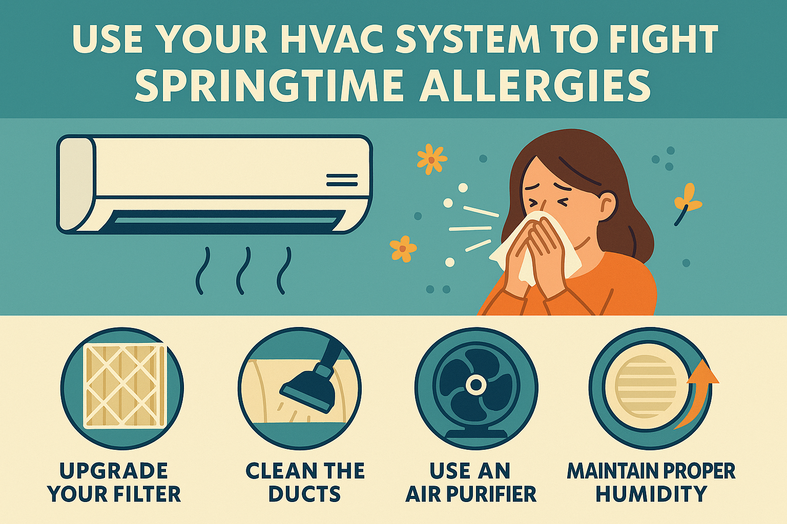 Graphic showing 4 ways to use HVAC System to fight springtime allergies.