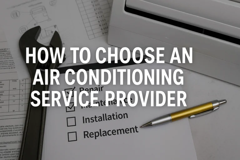 How to choose an ac service provider graphic with a wrench and pen on a checklist of important information.