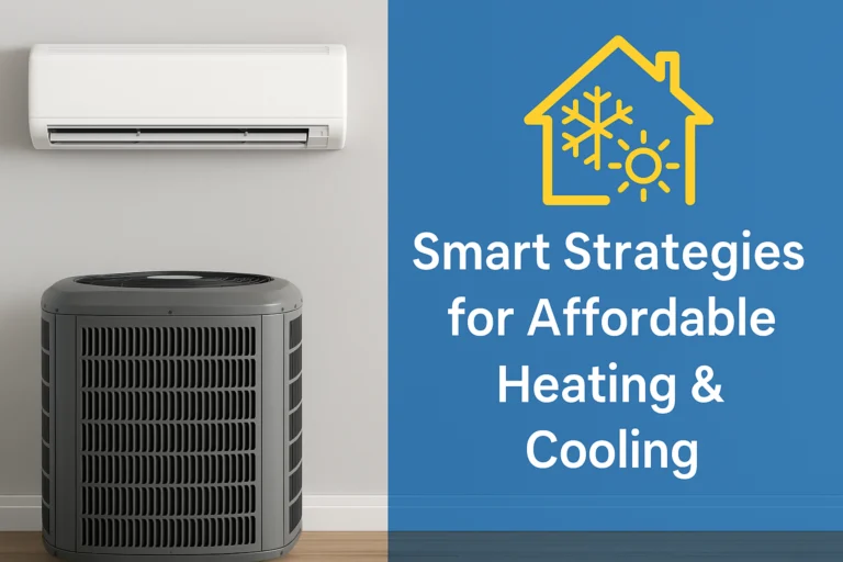 Affordable heating and cooling solutions graphic showing smart strategies for affordable heating and cooling with an energy efficient ac unit.