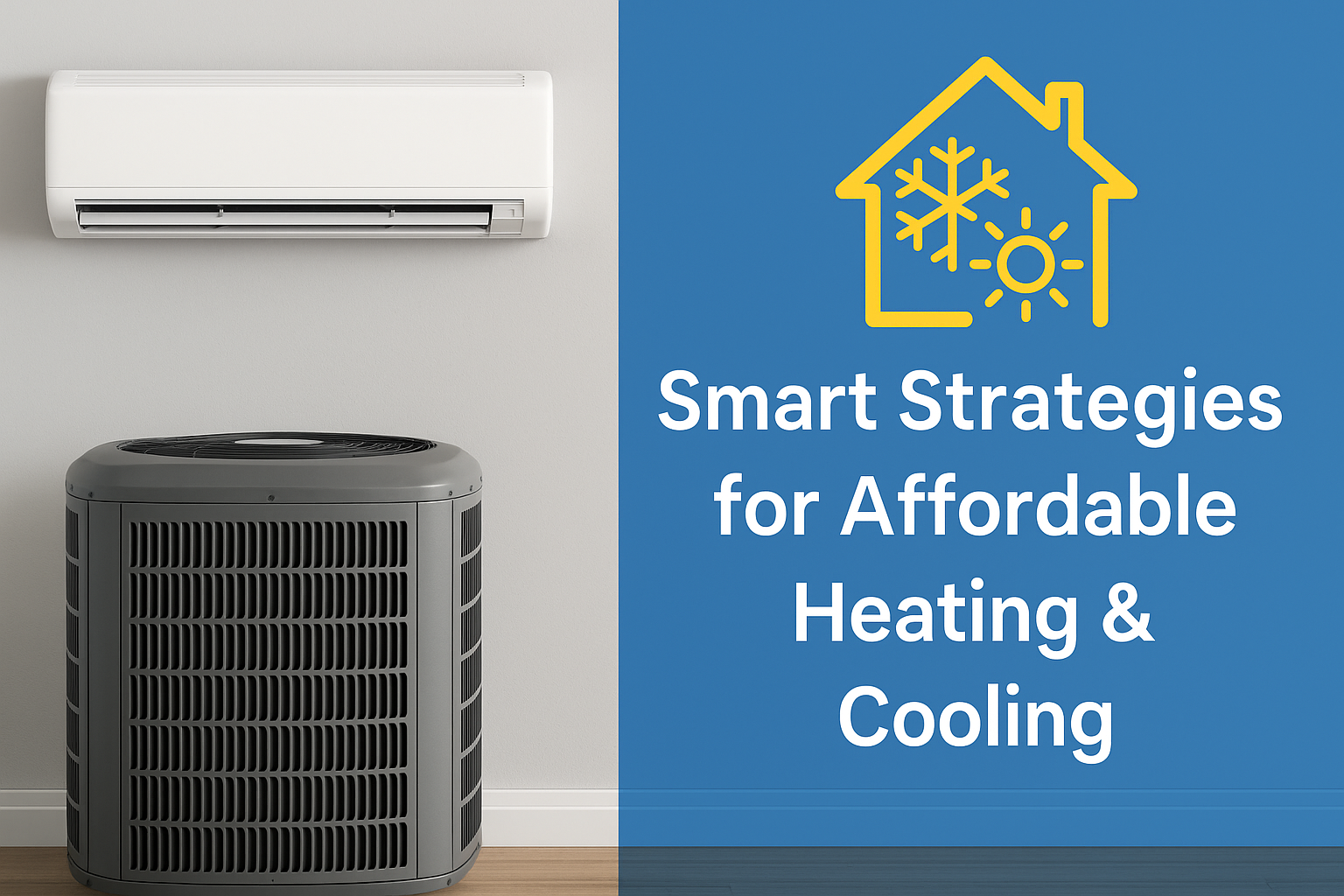 Affordable heating and cooling solutions graphic showing smart strategies for affordable heating and cooling with an energy efficient ac unit.