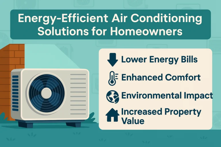 Benefits of energy efficient air conditioning graphic showing the top 5 benefits next to an air conditioner.