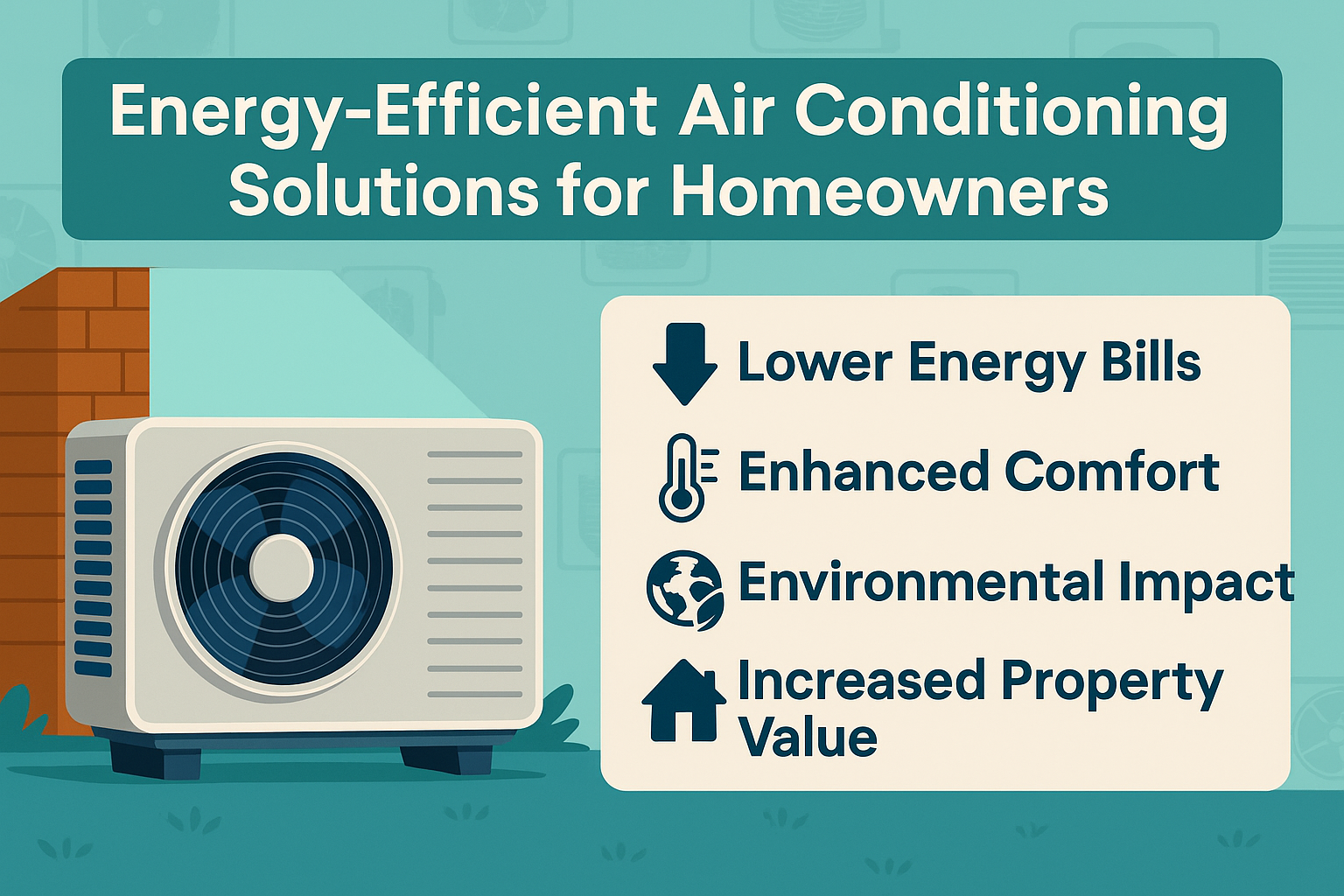 Benefits of energy efficient air conditioning graphic showing the top 5 benefits next to an air conditioner.