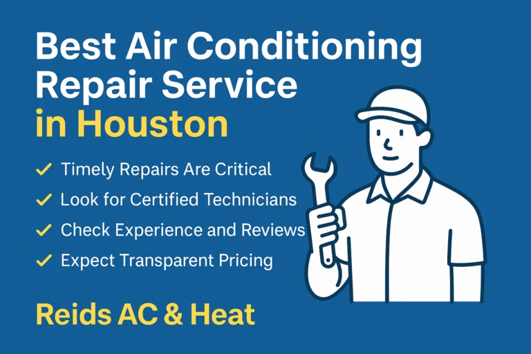 Best air conditioning repair service in Houston graphic with check list and repair man with a wrench.
