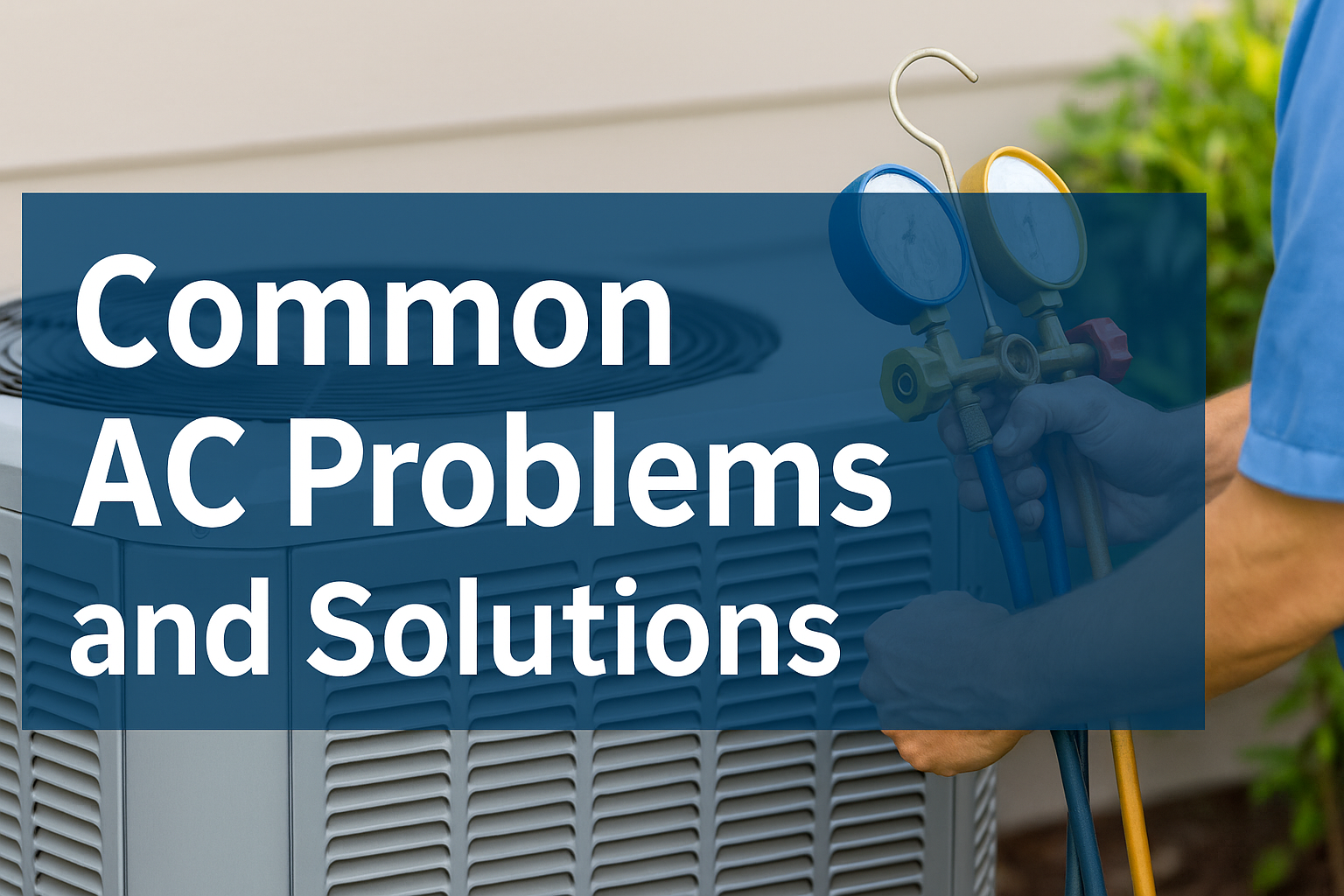 Graphic with words common ac problems over and air conditioner with gages hooked up to it