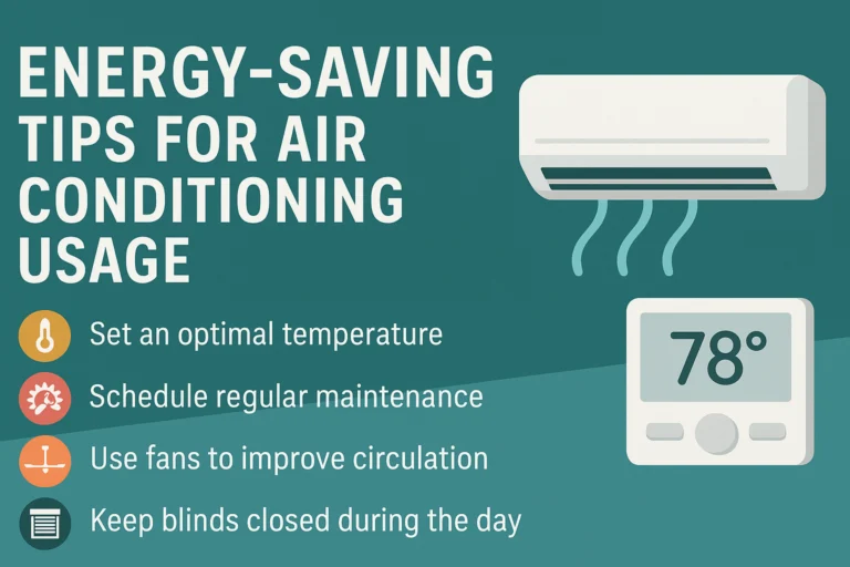 Energy saving tips for air conditioning efficiency graphic with main points and a thermostat set to efficiency mode.