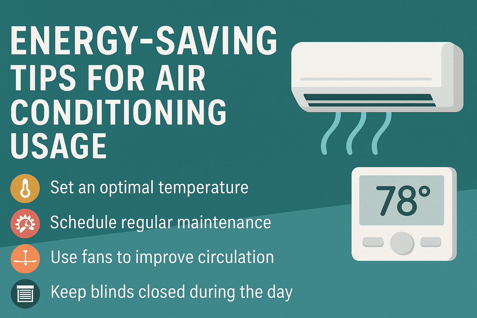 Energy saving tips for air conditioning efficiency graphic with main points and a thermostat set to efficiency mode.