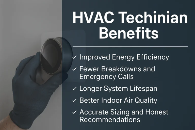 HVAC technician benefits graphic listing the benefits next to a hand adjusting a thermostat.