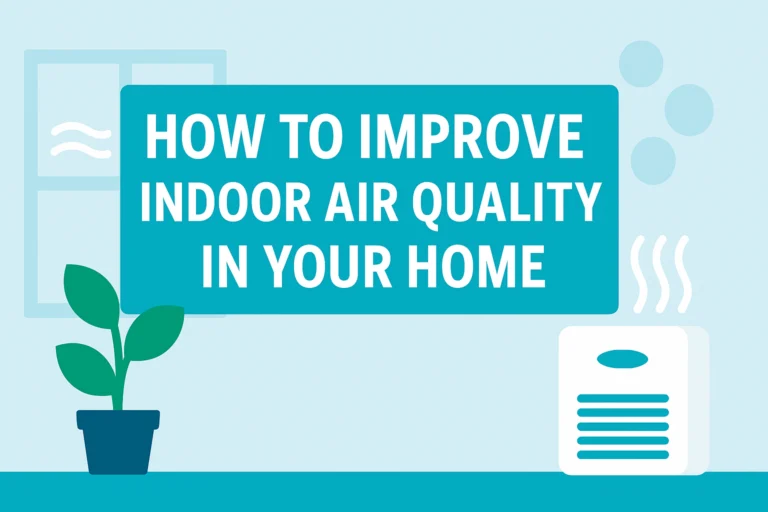 How to improve indoor air quality graphic showing a plant and air purifier.
