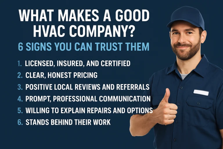 What makes a good hvac company graphic listing the top 6 reasons with a hvac technician giving a thumbs up.
