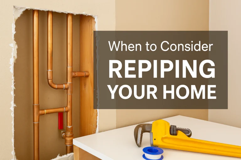 When to conside repiping your home graphic of a pipe wrench and exposed pipes behind cut out drywall.