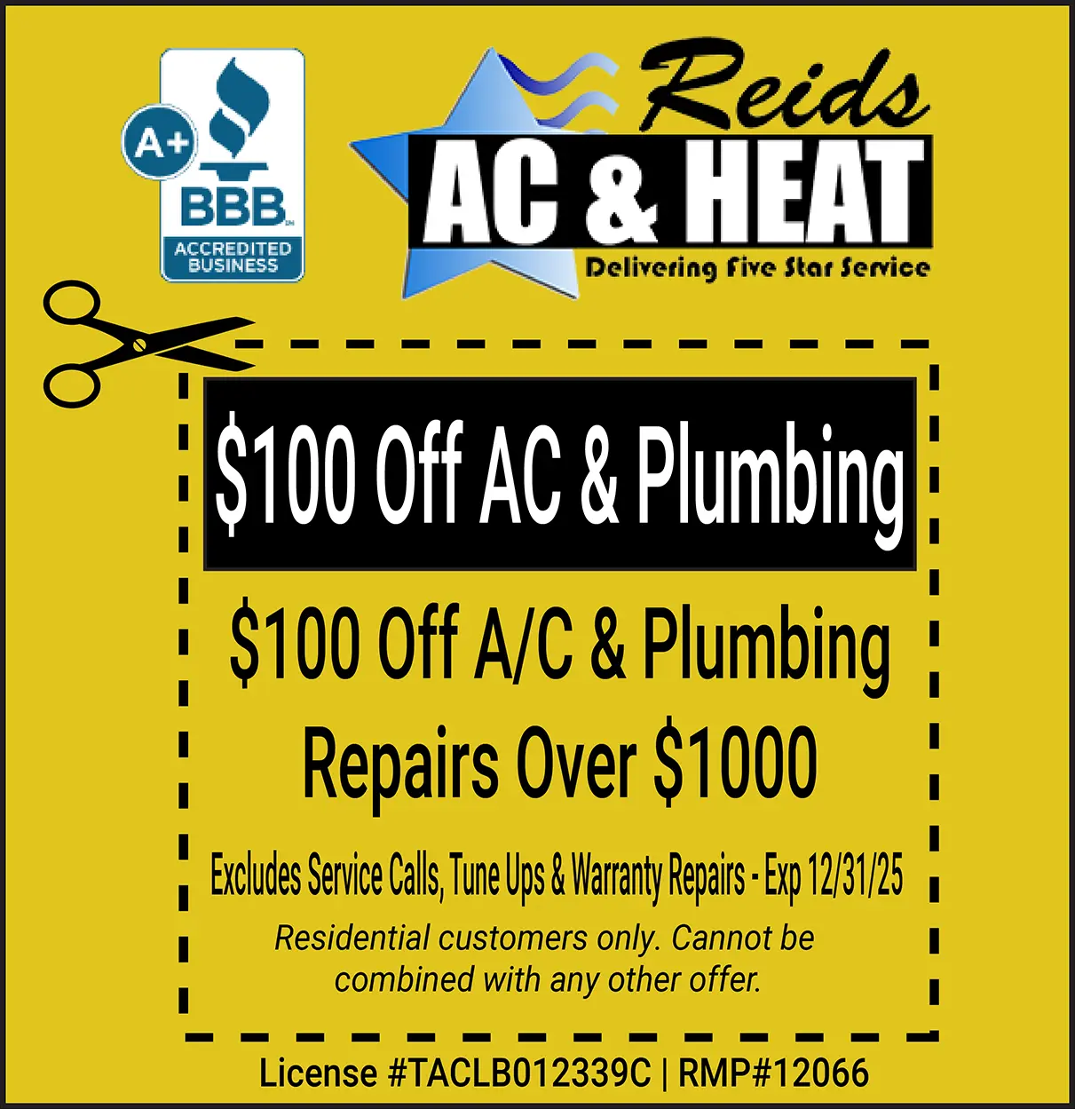 $100 off air conditioner or plumbing repair coupon expires 12/31/25.