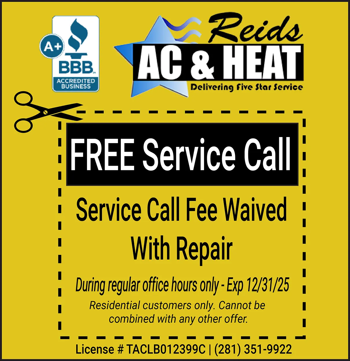 Free air conditioner service call coupon expires 12/31/25.