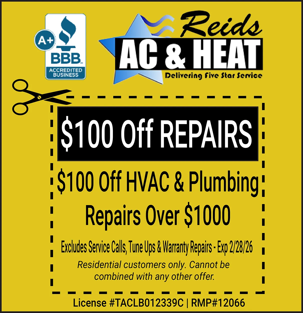 $100 off air conditioner or plumbing repair coupon expires 2/28/26.