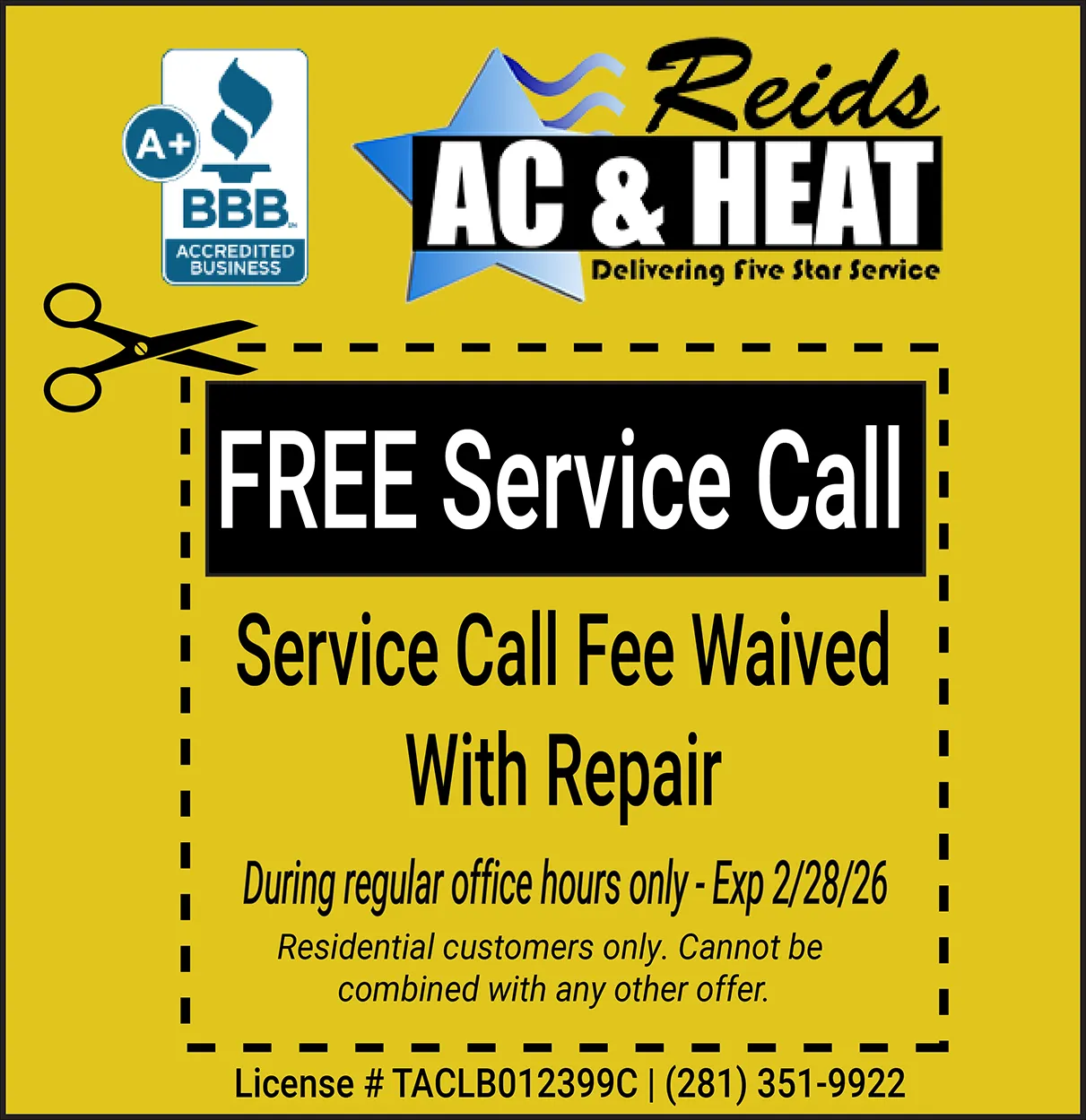 Free air conditioner service call coupon expires 2/28/26.