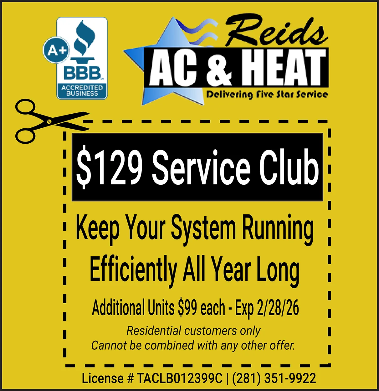 Coupon for $129 service club membership. Expires 2/28/26.