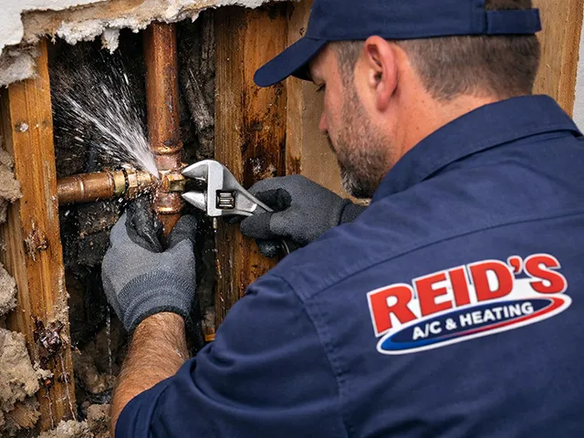 Plumber fixes burst pipe with a wrench.