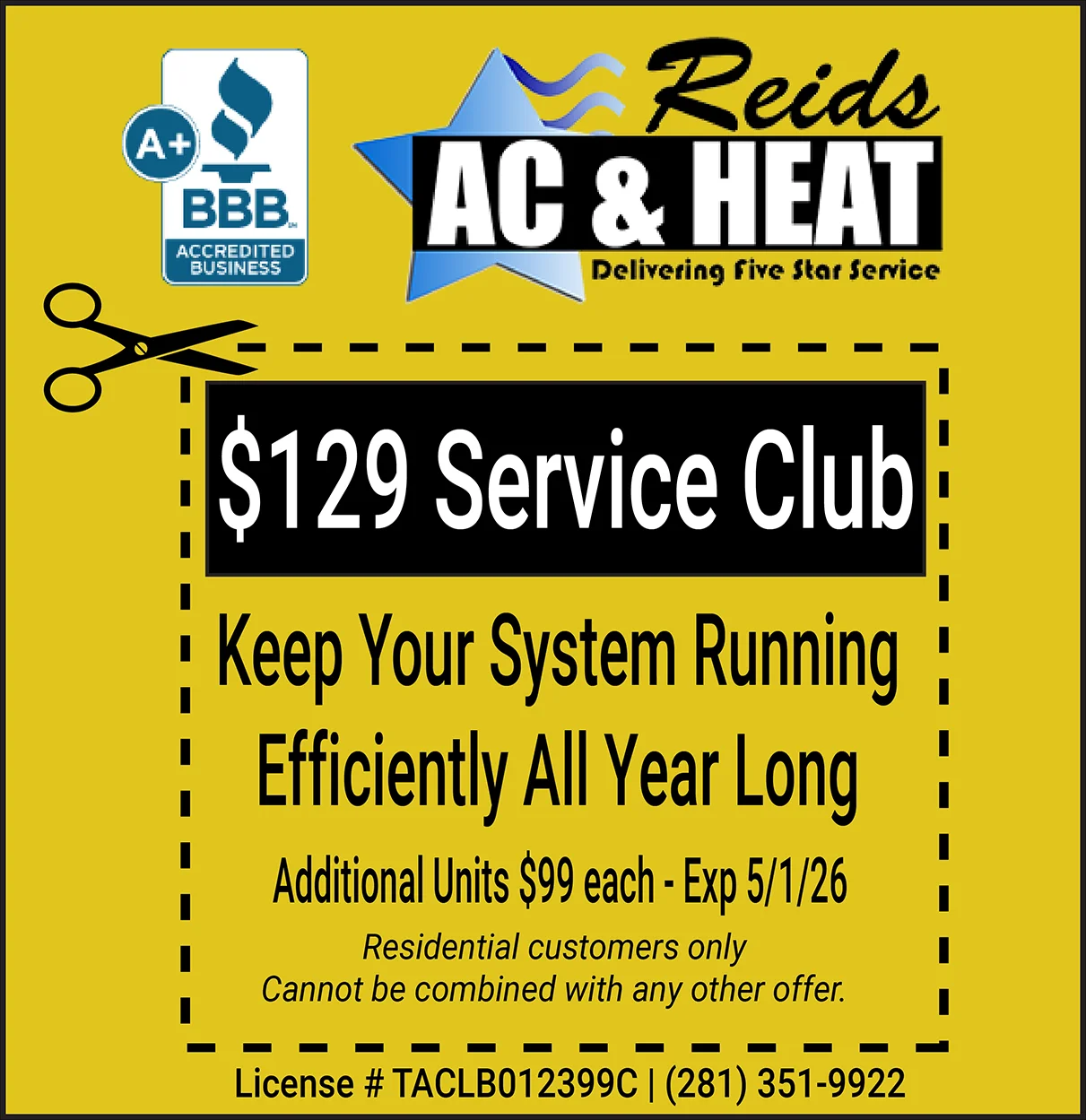 Coupon for $129 service club membership. Expires 5/1/26.