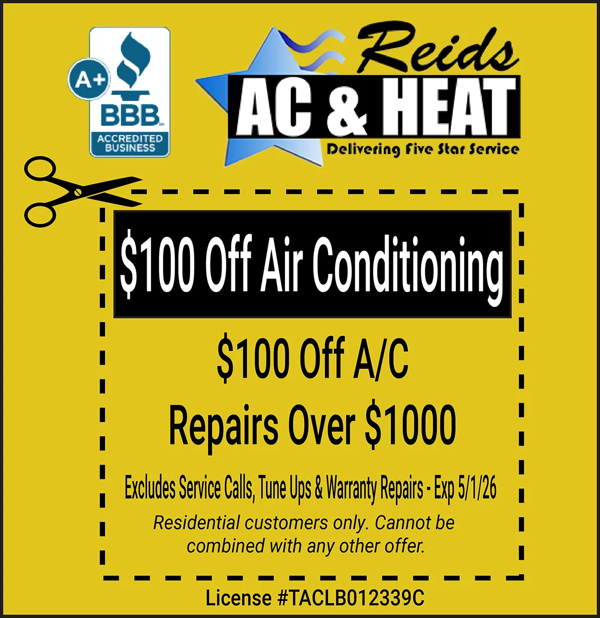 $100 off air conditioner repair coupon expires 5/1/26.