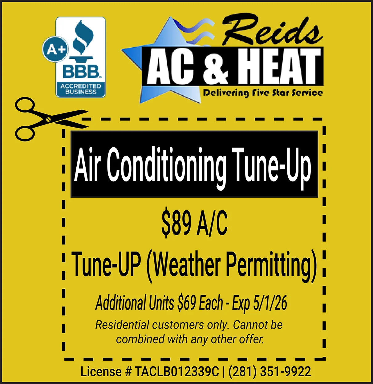 Air Conditioning Tune-Up coupon $89 special price for ac tune up expires 5/1/26.