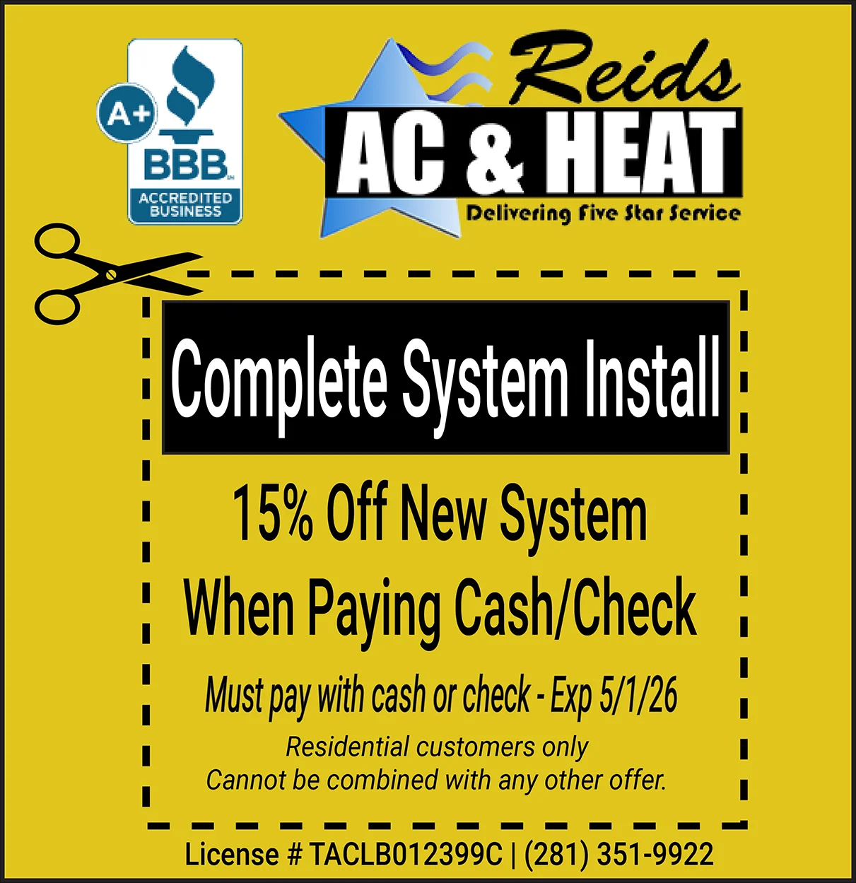 15% off complete HVAC system install when paying with cash coupon expires 5/1/26.