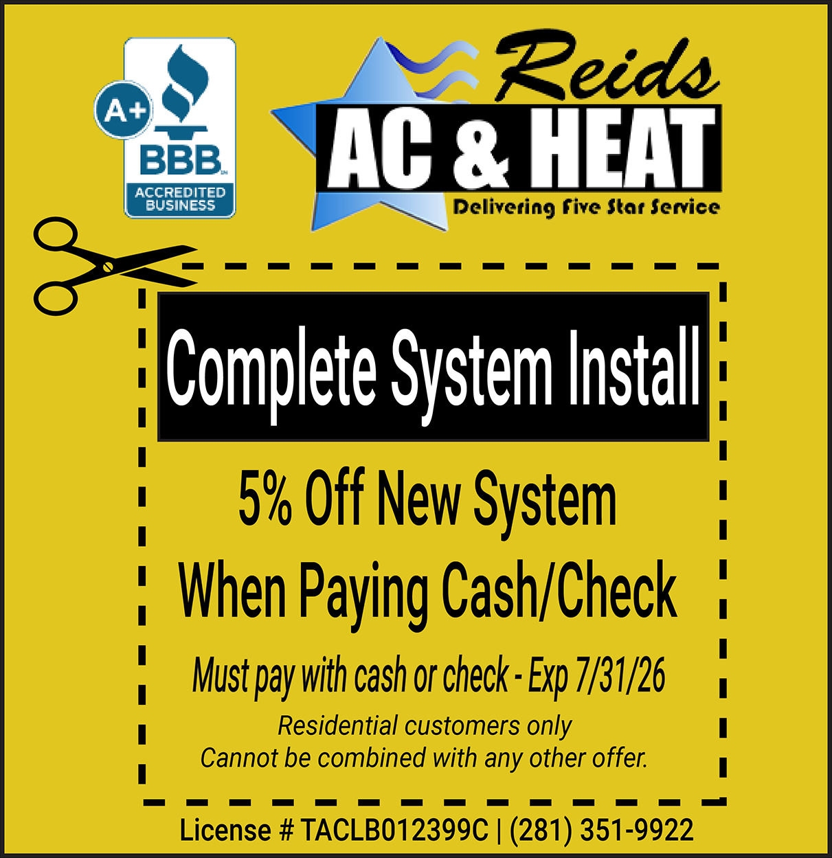 5% off complete HVAC system install when paying with cash coupon expires 7/311/26.