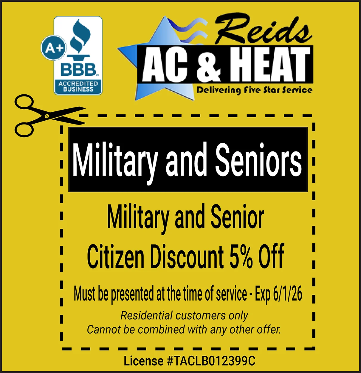 Military and Senior Citizen 5% discount for HVAC services expires 6/1/26.