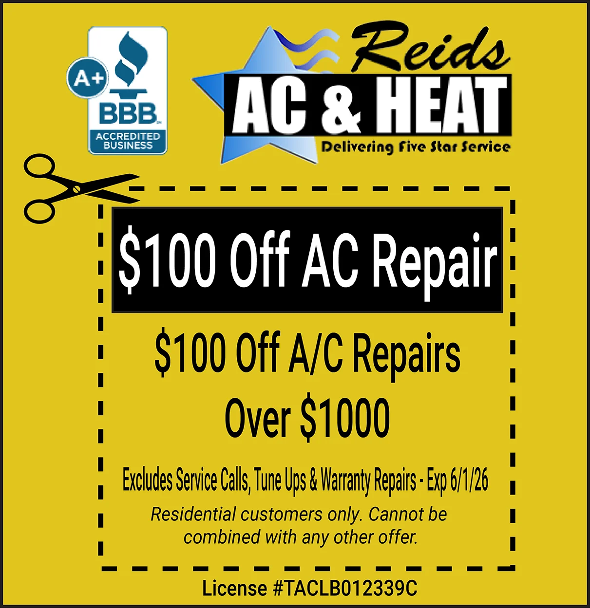 $100 off air conditioner repair coupon expires 6/1/26.