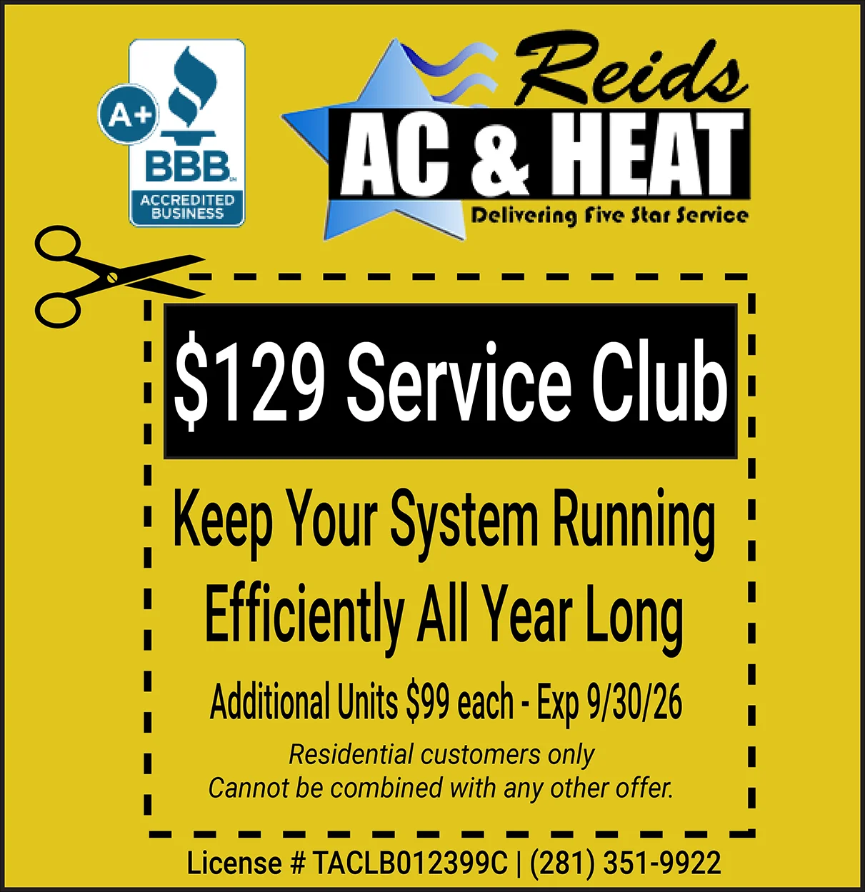 Coupon for $129 service club membership. Expires 9/30/26.