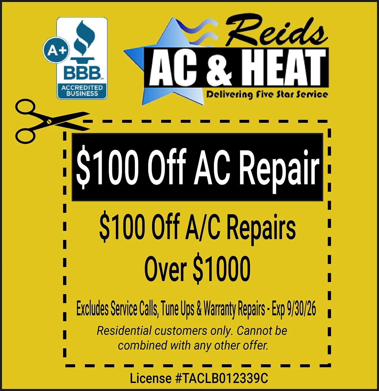$100 off air conditioner repair coupon expires 9/30/26.