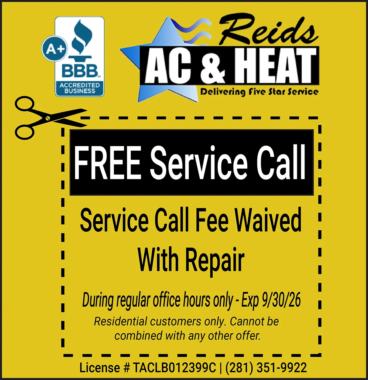 Free air conditioner service call coupon expires 9/30/26.