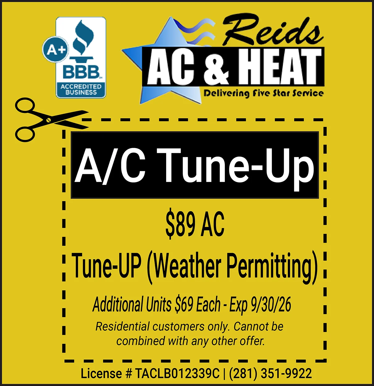 Air Conditioning Tune-Up coupon $89 special price for ac tune up expires 9/30/26.