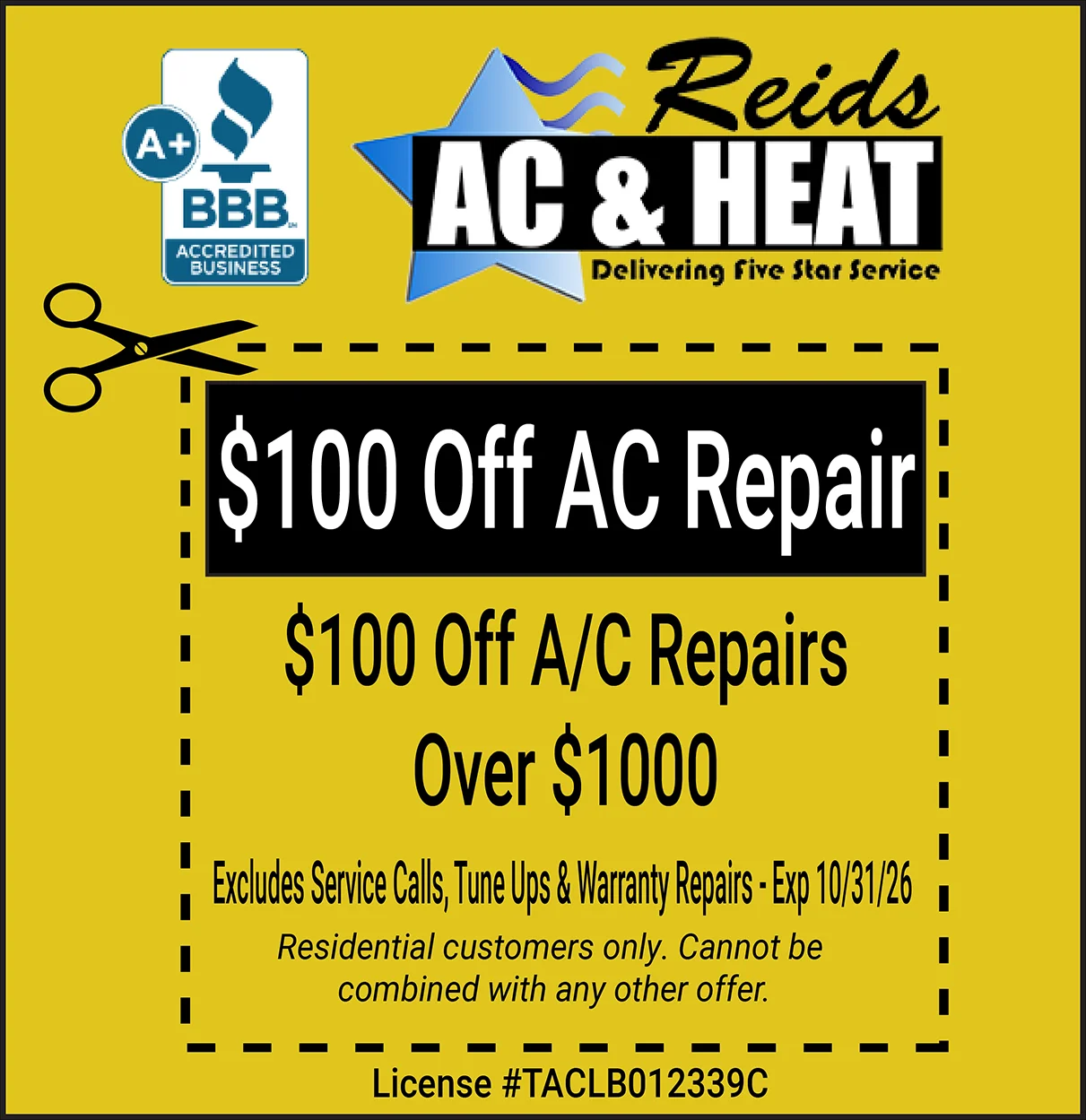 $100 off air conditioner repair coupon expires 10/31/26.